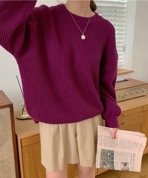 ABITOKYO（アビトーキョー）の「クルーネック　リブニットプルオーバー（ニット/セーター・レディース・ベージュ/パープル/ネイビー/ブラウン/レッド/ピンク/イエロー/ブルー/ライトグリーン/ライトピンク・FREE）」の17枚目の写真