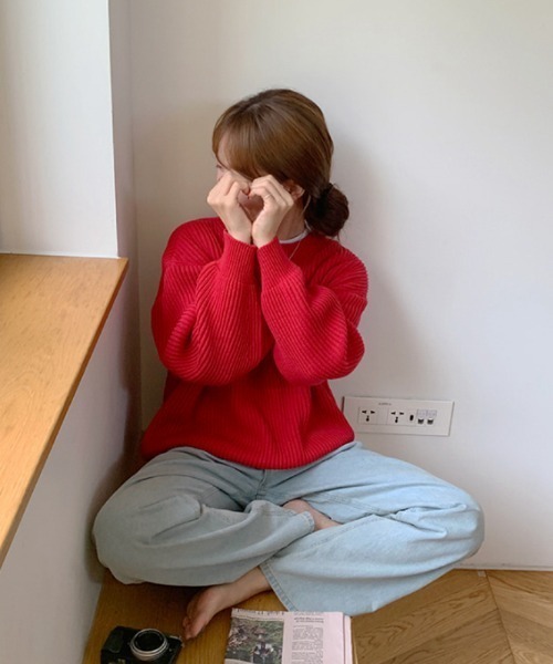 ABITOKYO（アビトーキョー）の「クルーネック　リブニットプルオーバー（ニット/セーター・レディース・ベージュ/パープル/ネイビー/ブラウン/レッド/ピンク/イエロー/ブルー/ライトグリーン/ライトピンク・FREE）」の12枚目の写真