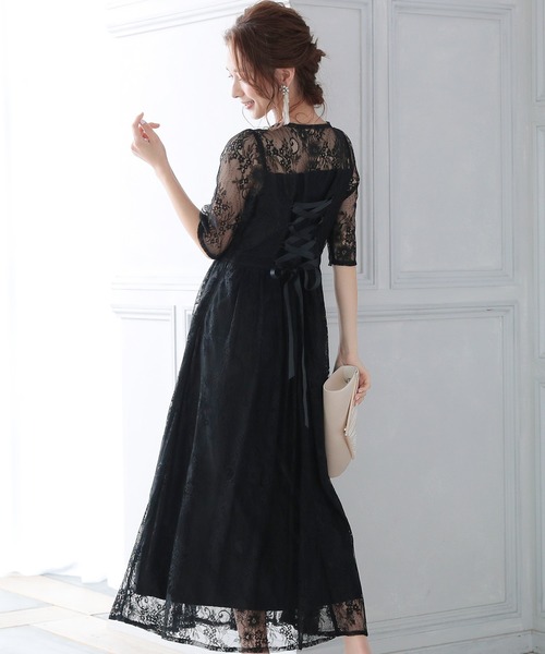 ロングスカート 結婚式ワンピース レースアップロングドレス Pourvous プールヴー のファッション 二次会 謝恩会 セレモニー大きいサイズ対応 フォーマルパーティードレス ドレス