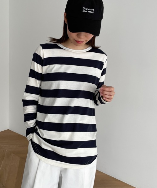 CANAL JEAN（キャナルジーン）の「harmonie -OrganicCotton-　ワイドボーダー裾ラウンドロングTシャツ（Tシャツ/カットソー・レディース・ブラック/ネイビー/トップグレー・ONE SIZE）」の3枚目の写真