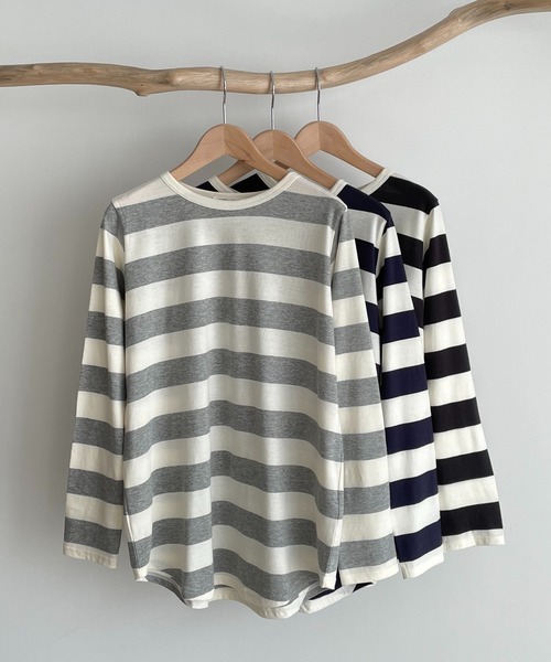 CANAL JEAN（キャナルジーン）の「harmonie -OrganicCotton-　ワイドボーダー裾ラウンドロングTシャツ（Tシャツ/カットソー・レディース・ブラック/ネイビー/トップグレー・ONE SIZE）」の12枚目の写真