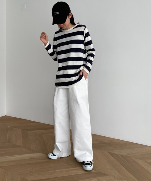 CANAL JEAN（キャナルジーン）の「harmonie -OrganicCotton-　ワイドボーダー裾ラウンドロングTシャツ（Tシャツ/カットソー・レディース・ブラック/ネイビー/トップグレー・ONE SIZE）」の21枚目の写真