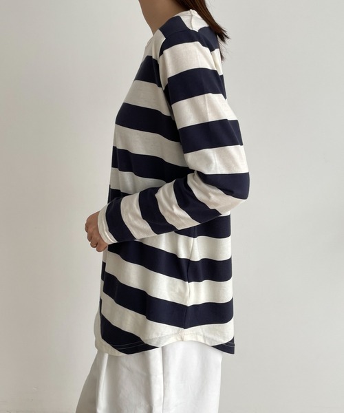 CANAL JEAN（キャナルジーン）の「harmonie -OrganicCotton-　ワイドボーダー裾ラウンドロングTシャツ（Tシャツ/カットソー・レディース・ブラック/ネイビー/トップグレー・ONE SIZE）」の16枚目の写真