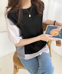 レイヤード風ストライプ切替ブラウス