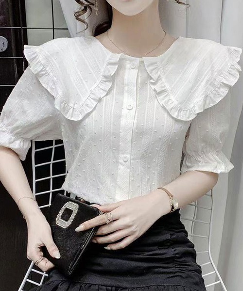 Twinkle;pm(トゥインクルピーエム)の「大衿フリル半袖ブラウス(シャツ/ブラウス・レディース・ホワイト・FREE)」の1枚目の写真