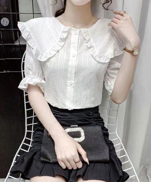 Twinkle;pm(トゥインクルピーエム)の「大衿フリル半袖ブラウス(シャツ/ブラウス・レディース・ホワイト・FREE)」の6枚目の写真