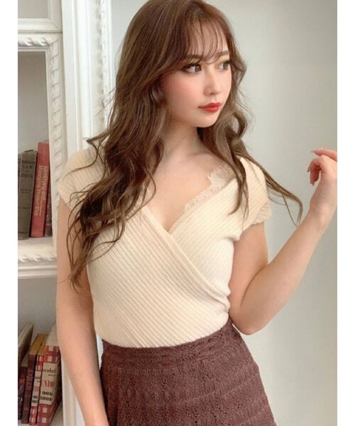 RESEXXY（リゼクシー）の「レースカシュクールニットトップス（ニット/セーター・レディース・ブラック/ピンク/ブラウン/アイボリー・FREE）」の2枚目の写真