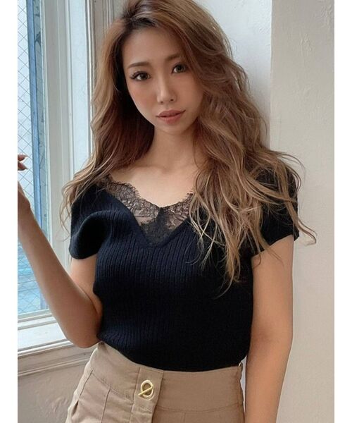 RESEXXY(リゼクシー)の「レースカシュクールニットトップス(ニット/セーター・レディース・ブラック/ピンク/ブラウン/アイボリー・FREE)」の3枚目の写真
