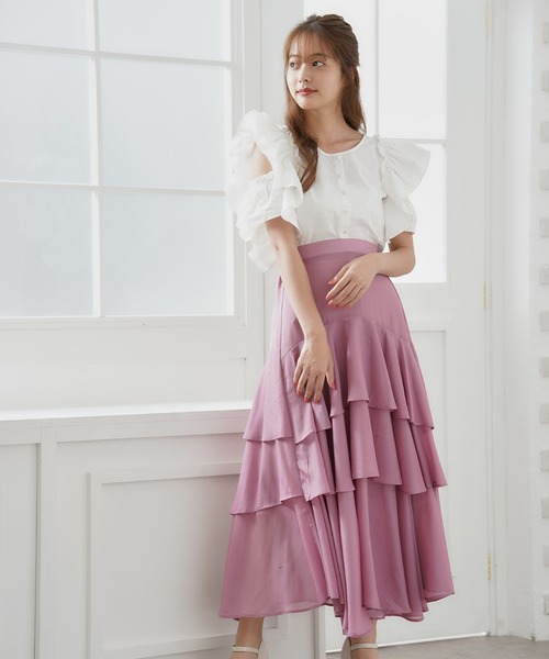 MIIA（ミーア）の「光沢シアーティアードスカート（スカート・レディース・ブラック/ベージュ/ピンク・FREE）」の16枚目の写真