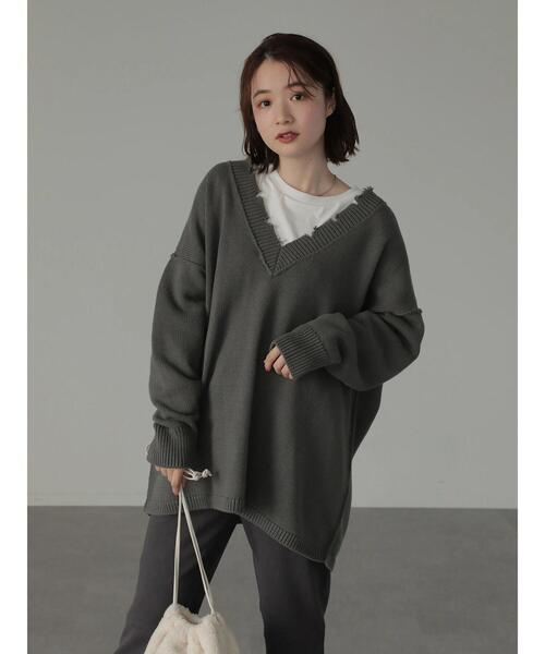 AMERICAN HOLIC(アメリカンホリック)の「Vネックダメージニットプルオーバー(ニット/セーター・レディース・アイボリー/チャコールグレー・M/L)」の10枚目の写真