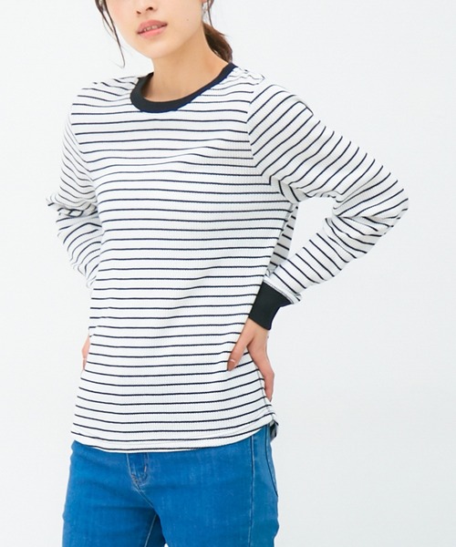 Honeys(ハニーズ)の「ワッフルクルーネックT(Tシャツ/カットソー・レディース・ピンク/ミント/ベージュ系その他2/ホワイト×ブラック/スミクロ/アイボリー/ベージュ系その他/サックスブルー・LL/L/M)」の13枚目の写真