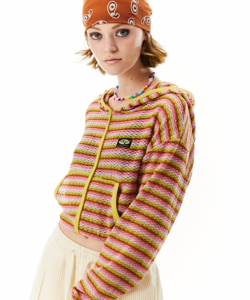 SCULPTOR（スカルプター）の「Stripe Knit Hoodie/ストライプニットフーディー（カーディガン/ボレロ・レディース・グリーン/ピンク/パープル・ONE SIZE）」の3枚目の写真