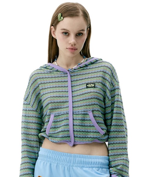 SCULPTOR（スカルプター）の「Stripe Knit Hoodie/ストライプニットフーディー（カーディガン/ボレロ・レディース・グリーン/ピンク/パープル・ONE SIZE）」の2枚目の写真