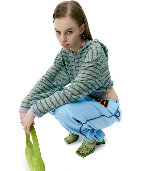 SCULPTOR（スカルプター）の「Stripe Knit Hoodie/ストライプニットフーディー（カーディガン/ボレロ・レディース・グリーン/ピンク/パープル・ONE SIZE）」の7枚目の写真