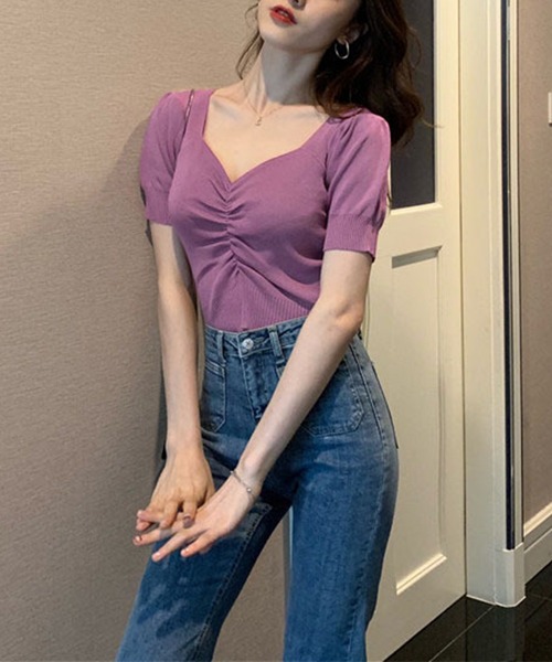 Jasmine Grandiflorum(ジャスミングランディフローラム)の「【Jasmine】ハートネック半袖ミニ丈ニットトップス (SS)(Tシャツ/カットソー・レディース・レッド/ホワイト/ベージュ/イエロー/ブラック/パープル・FREE)」の18枚目の写真