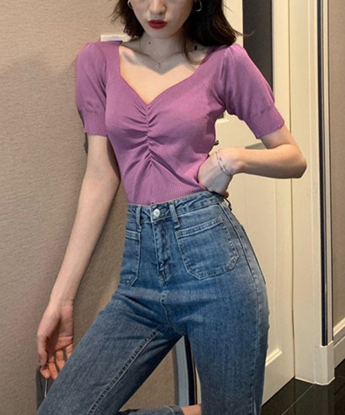 Jasmine Grandiflorum(ジャスミングランディフローラム)の「【Jasmine】ハートネック半袖ミニ丈ニットトップス (SS)(Tシャツ/カットソー・レディース・レッド/ホワイト/ベージュ/イエロー/ブラック/パープル・FREE)」の21枚目の写真
