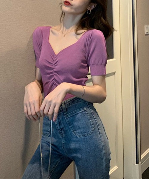 Jasmine Grandiflorum(ジャスミングランディフローラム)の「【Jasmine】ハートネック半袖ミニ丈ニットトップス (SS)(Tシャツ/カットソー・レディース・レッド/ホワイト/ベージュ/イエロー/ブラック/パープル・FREE)」の22枚目の写真