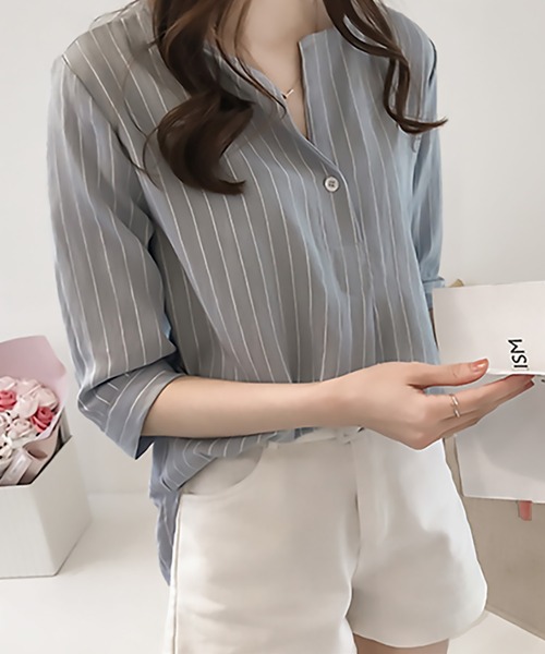 Amulet(アミュレット)の「七分丈ストライプシャツ(シャツ/ブラウス・レディース・ホワイト/ネイビー/ピンク/ブルー・M/L/XL)」の18枚目の写真