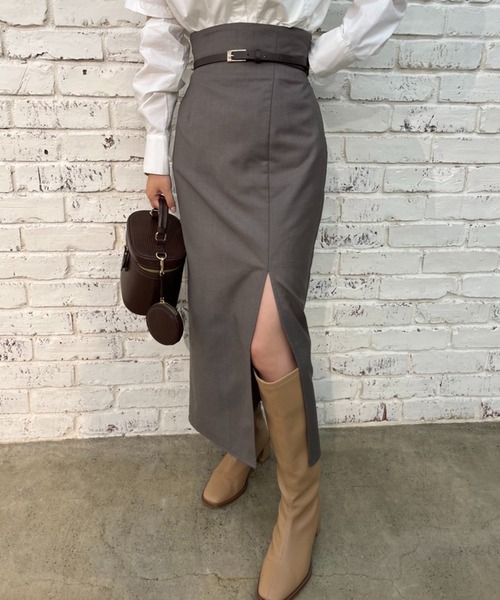 one after another NICE CLAUP（ワンアフターアナザーナイスクラップ）の「ベルトセット スリットタイトスカート（スカート・レディース・ネイビー系/グレー系その他/ライトブラウン/ブラック・SMALL/MEDIUM）」の9枚目の写真