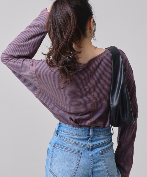CIAOPANIC TYPY(チャオパニックティピー)の「【WEB限定】ボーダーサイドスリットシアートップス(Tシャツ/カットソー・レディース・ブラウン/オフホワイト/サックスブルー/カーキ/バーガンディー/ネイビー・ONE SIZE)」の2枚目の写真