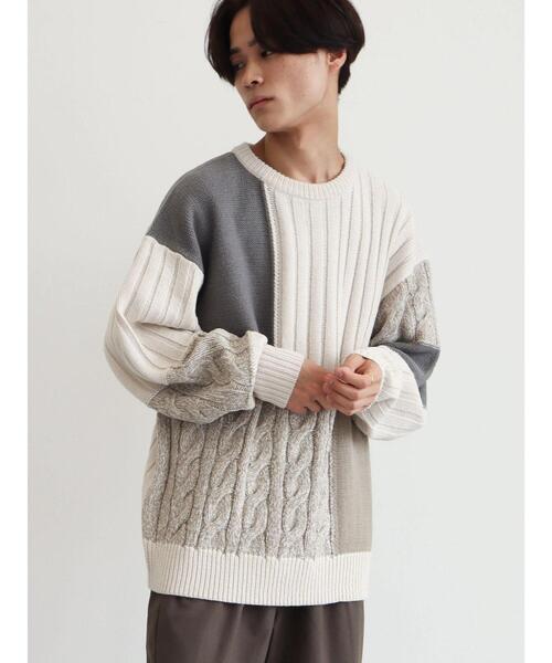 CRAFT STANDARD BOUTIQUE（クラフトスタンダードブティック）の「切り替えケーブルニット（ニット/セーター・メンズ・アイボリー/ブラック/杢グレー・L/LL/M）」の6枚目の写真