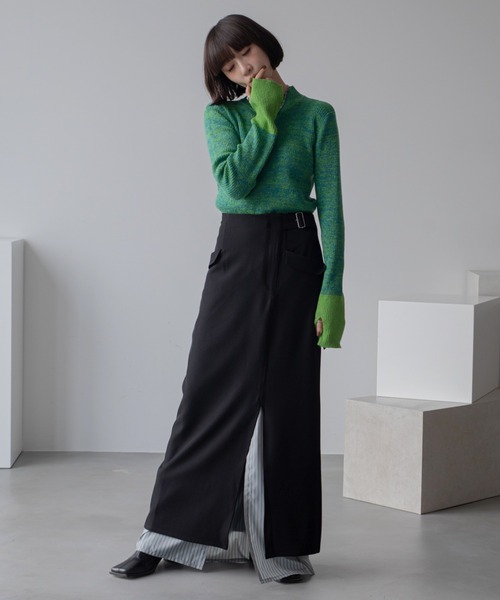 ミックスカラー配色ハイネックリブニット/新色追加（ニット/セーター