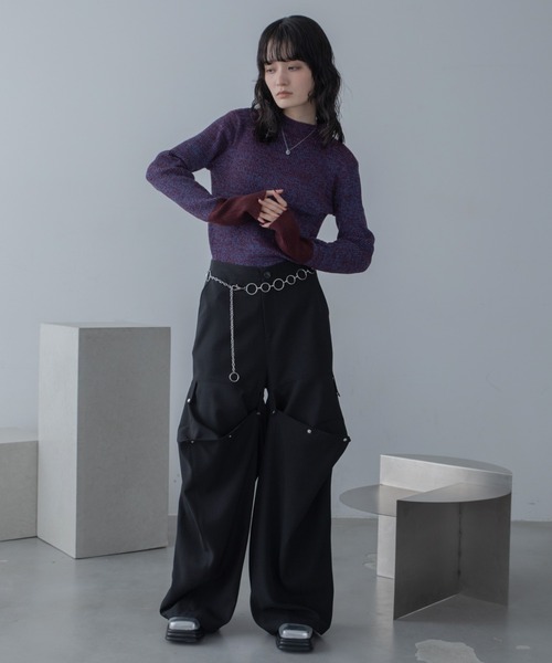 ミックスカラー配色ハイネックリブニット/新色追加（ニット/セーター