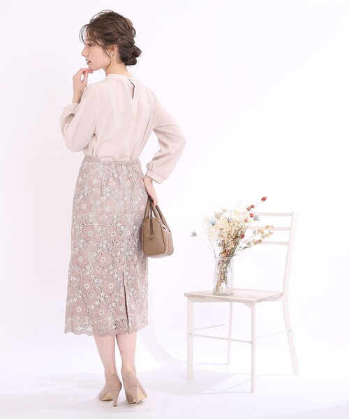 couture brooch（クチュールブローチ）の「◆【セレモニー/オフィスカジュアル】フルールケミカルレーススカート（スカート・レディース・ベビーピンク/サックスブルー/ネイビー・40/38/42）」の4枚目の写真