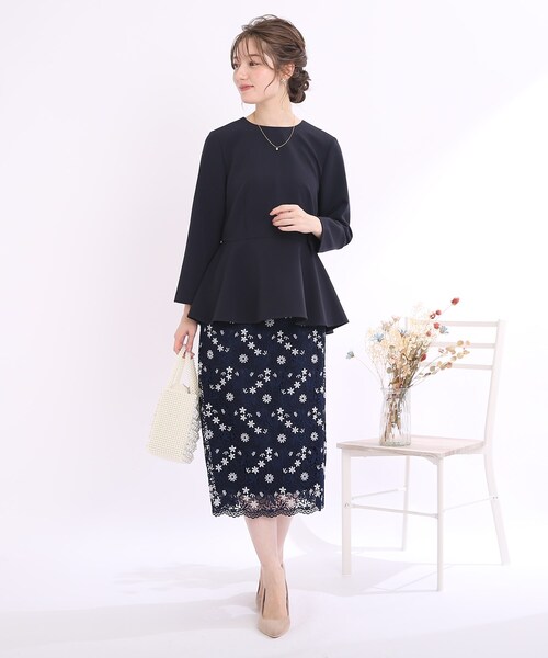 couture brooch（クチュールブローチ）の「◆【セレモニー/オフィスカジュアル】フルールケミカルレーススカート（スカート・レディース・ベビーピンク/サックスブルー/ネイビー・40/38/42）」の9枚目の写真