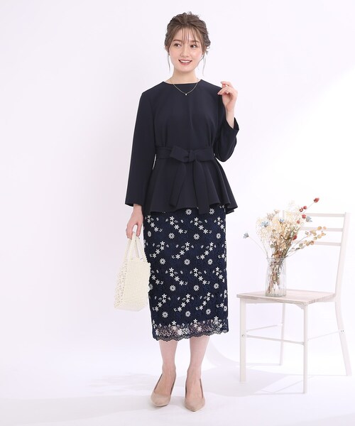 couture brooch（クチュールブローチ）の「◆【セレモニー/オフィスカジュアル】フルールケミカルレーススカート（スカート・レディース・ベビーピンク/サックスブルー/ネイビー・40/38/42）」の6枚目の写真