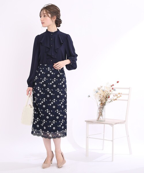 couture brooch（クチュールブローチ）の「◆【セレモニー/オフィスカジュアル】フルールケミカルレーススカート（スカート・レディース・ベビーピンク/サックスブルー/ネイビー・40/38/42）」の19枚目の写真