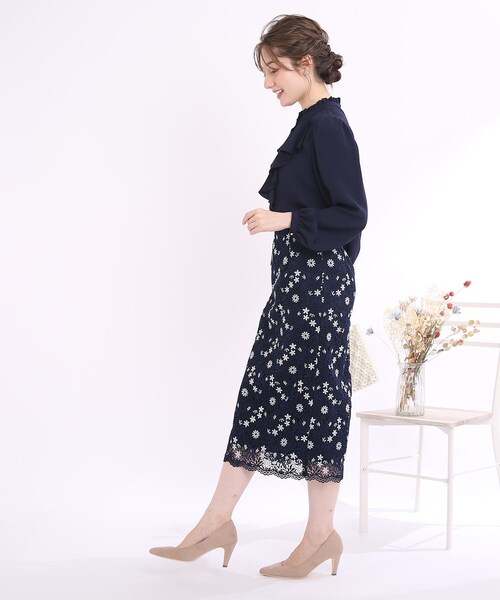 couture brooch（クチュールブローチ）の「◆【セレモニー/オフィスカジュアル】フルールケミカルレーススカート（スカート・レディース・ベビーピンク/サックスブルー/ネイビー・40/38/42）」の13枚目の写真