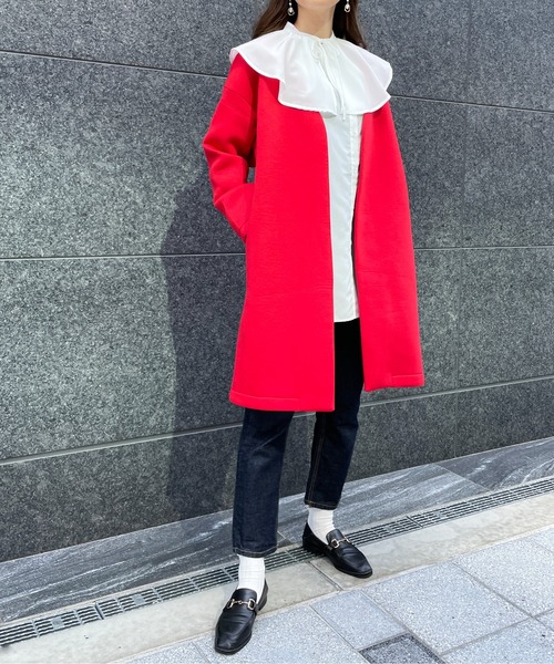 StyleSea(スタイルシー)の「フリルボンディングコート(ノーカラーコート・レディース・ライトブルー/イエロー/ピンク/レッド/パープル/ネイビー/グレー/ホワイト/グリーン・FREE)」の15枚目の写真