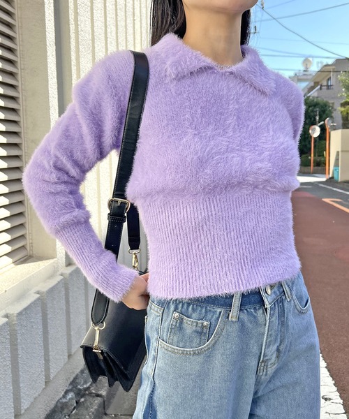 Jewelobe(ジュエローブ)の「衿付きシャギーニットプルオーバー(ニット/セーター・レディース・グリーン/ホワイト/ベージュ/パープル・FREE)」の4枚目の写真