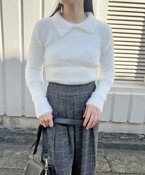 Jewelobe(ジュエローブ)の「衿付きシャギーニットプルオーバー(ニット/セーター・レディース・グリーン/ホワイト/ベージュ/パープル・FREE)」の11枚目の写真