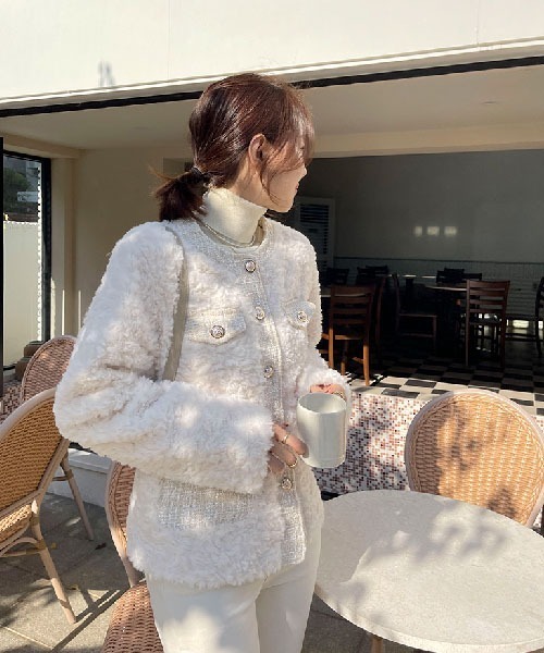 NANING9（ナンニング）の「NANING9 ツイードボアノーカラージャケット（ノーカラージャケット・レディース・クリーム・FREE）」の20枚目の写真