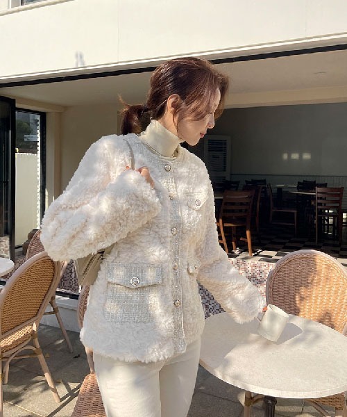 NANING9（ナンニング）の「NANING9 ツイードボアノーカラージャケット（ノーカラージャケット・レディース・クリーム・FREE）」の6枚目の写真