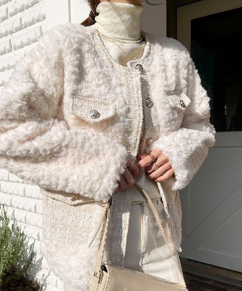 NANING9（ナンニング）の「NANING9 ツイードボアノーカラージャケット（ノーカラージャケット・レディース・クリーム・FREE）」の3枚目の写真