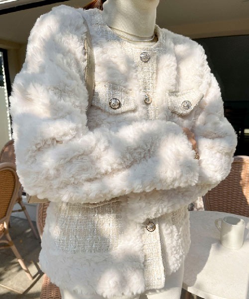 NANING9（ナンニング）の「NANING9 ツイードボアノーカラージャケット（ノーカラージャケット・レディース・クリーム・FREE）」の9枚目の写真