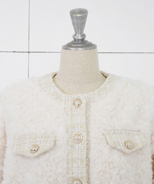 NANING9（ナンニング）の「NANING9 ツイードボアノーカラージャケット（ノーカラージャケット・レディース・クリーム・FREE）」の4枚目の写真