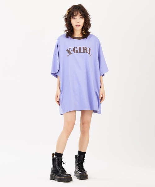 X-girl(エックスガール)の「RINGER S/S BIG TEE DRESS(ワンピース・レディース・チャコール/パープル/ホワイト・S/M)」の8枚目の写真