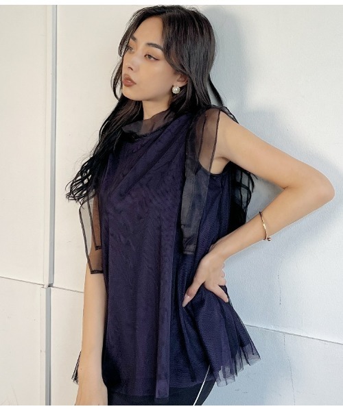 LATINA（ラティーナ）の「チュール×オーガンジーフレアトップスカットソー（Tシャツ/カットソー・レディース・ブラック×ブルー・FREE）」の12枚目の写真
