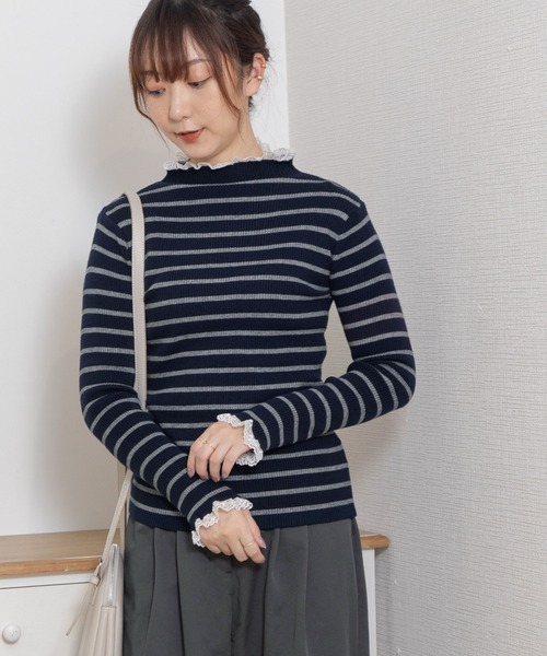 POU DOU DOU(プードゥドゥ)の「シアバターレース使いリブニット(ニット/セーター・レディース・アイボリー/ブラック/カーキ/ネイビー・3)」の5枚目の写真