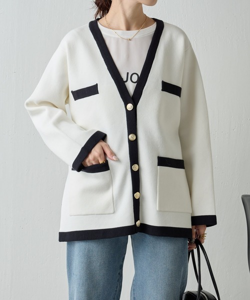 COLLAGE GALLARDAGALANTE（コラージュガリャルダガランテ）の「ミラノリブカーディガン（カーディガン/ボレロ・レディース・オフホワイト/スカイブルー・FREE）」の4枚目の写真