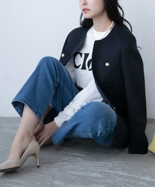 M.deux(エムドゥ)の「〇ワッフルピケジャケット〇(ノーカラージャケット・レディース・ネイビー/オフホワイト・MEDIUM)」の2枚目の写真
