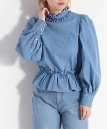 フリルギャザーデニムブラウス