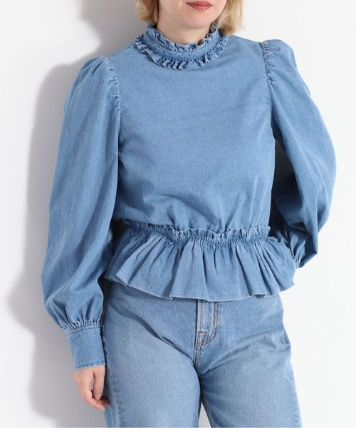 cepo(セポ)の「フリルギャザーデニムブラウス(シャツ/ブラウス・レディース・ブルー系1/ブルー系3・M)」の4枚目の写真
