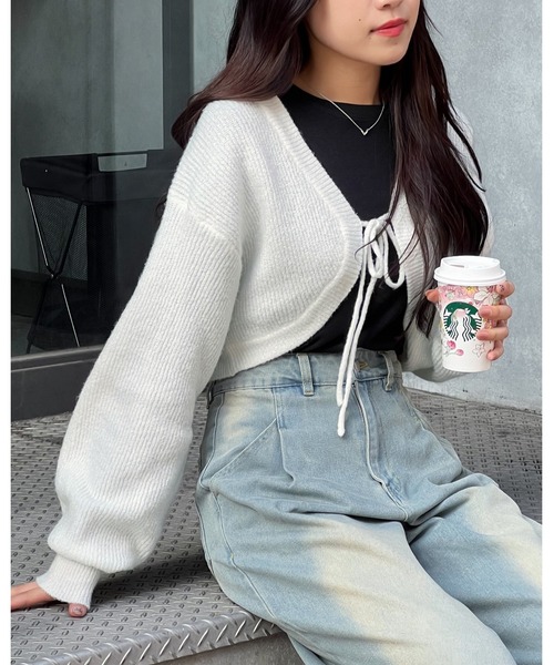 3.3 Field Trip （3.3フィールドトリップ）の「3.3 Field Trip／ニットボレロカーディガン（前後2WAY）  2995310（カーディガン/ボレロ・レディース・その他1/ピンク/ホワイト・FREE）」の2枚目の写真