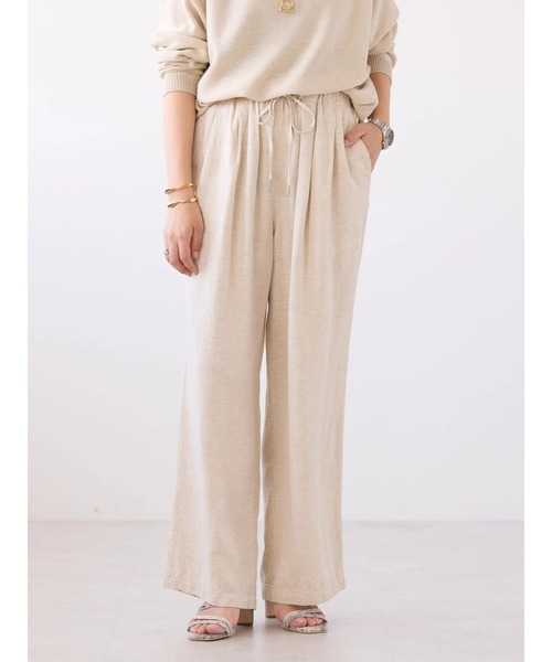 透け感がトレンド　アメリ　AMERI ベージュ ワイドパンツ　麻混　ゴム楽 透け感がトレンド アメリ AMERI ベージュ ワイドパンツ 麻混 ゴム楽