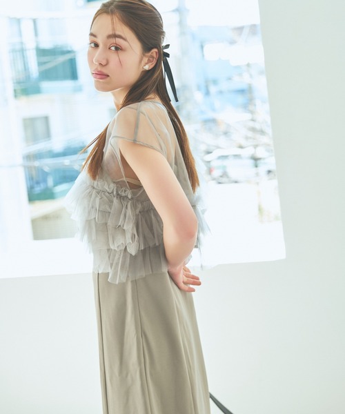 mysty woman（ミスティウーマン）の「チュールフリル×キャミワンピース　119545（ドレス・レディース・カーキ/ブラック・FREE）」の6枚目の写真